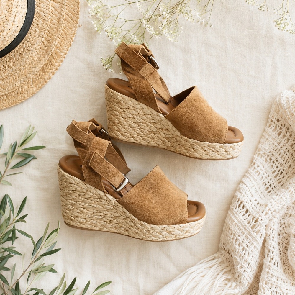 Marc Fisher LTD Nelly Tan Suede Espadrille Wedge Sandals Square Toe 6.5M
